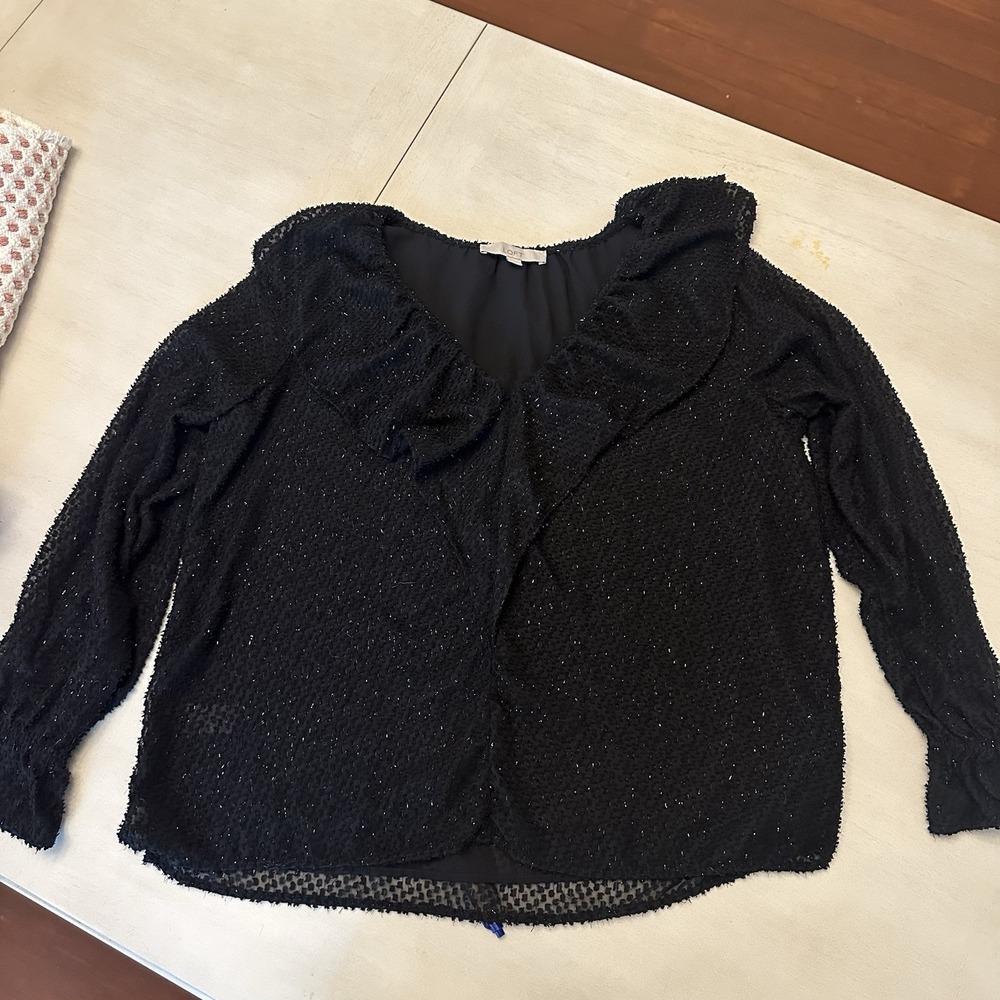 LOFT Women's Blouse Top Long Bell Sleeve V-Neck Black Color Ruffles.Size  L
